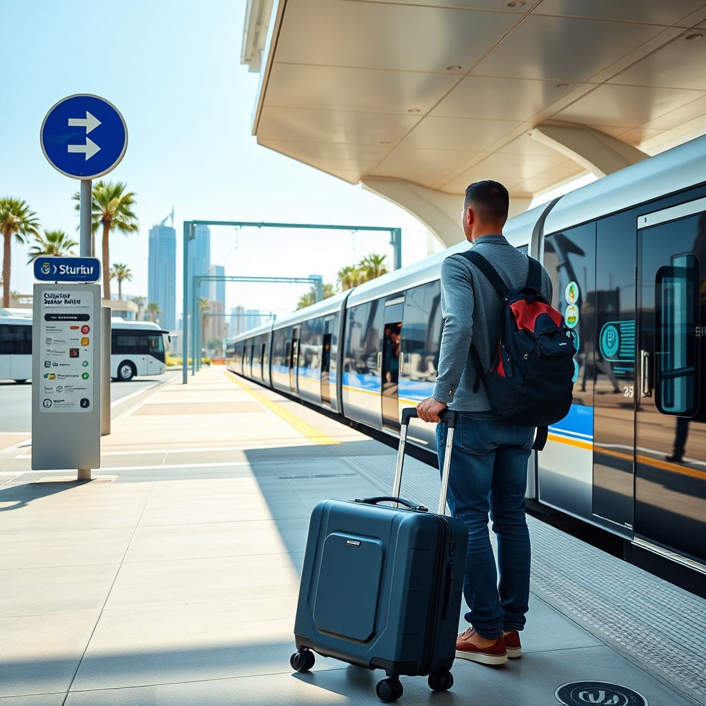 Traveler with luggage using a bus and Dubai Metro to travel from DWC to Downtown Dubai, showing the affordable public transport route and station interchange.