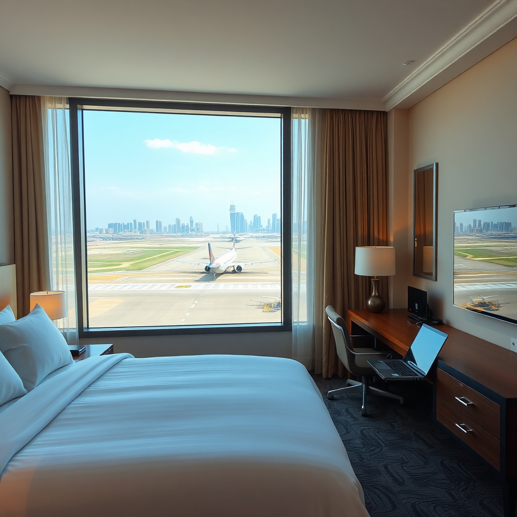 Hotel room with a view of Al Maktoum Airport runway, offering a comfortable stay for business travelers looking for hotels near Dubai World Central, with a clear view of aircraft operations.