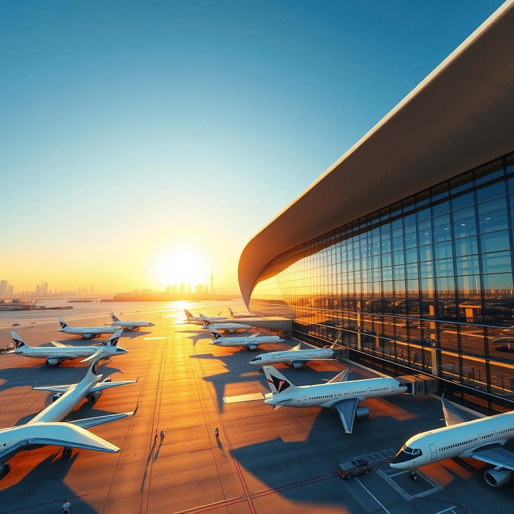 Architectural rendering of the expansive DWC Airport expansion passenger terminal at Al Maktoum International Airport, featuring futuristic design and aircraft in Dubai South