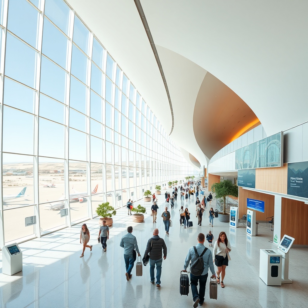 Spacious interior of the new DWC Airport expansion terminal showcasing modern sustainable design and advanced technology for passengers at Al Maktoum International Airport
