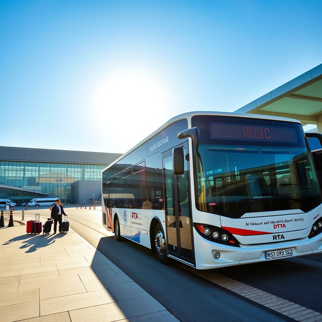 Passengers boarding an RTA public bus at Al Maktoum International Airport DWC terminal, showcasing the available DWC airport public transport options for connecting to Dubai city center.