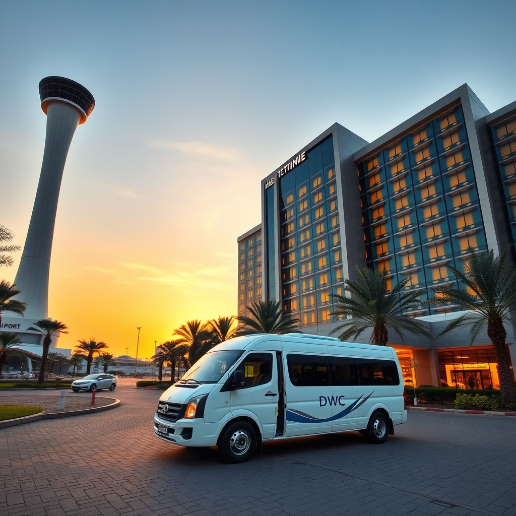 Modern hotel near Dubai World Central with airport shuttle van parked at entrance, set against the backdrop of Al Maktoum International Airport at sunset, highlighting convenient transit options for travelers.