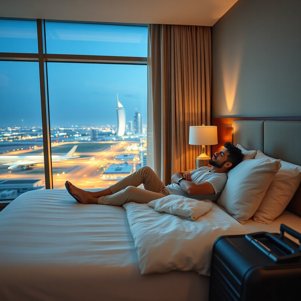 Relaxing hotel room for a layover at Al Maktoum International Airport, one of the best airport hotels near DWC for a layover.