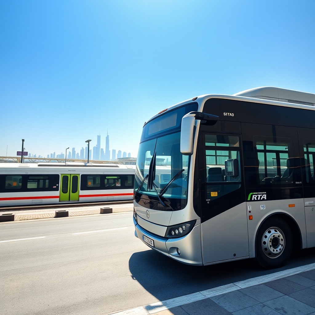 RTA bus and Dubai Metro connection for budget travel from DWC to Dubai city, showing the cheapest way to reach downtown Dubai from Al Maktoum International Airport.
