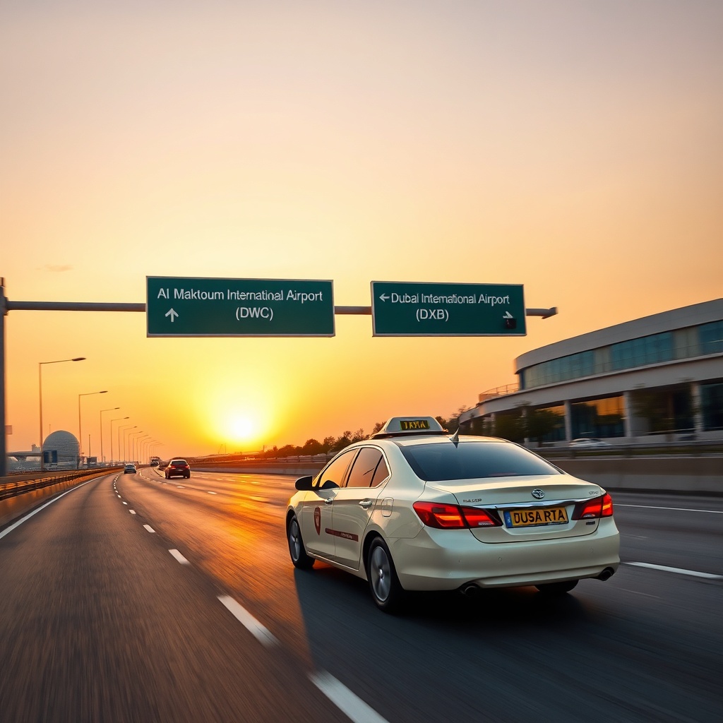 A cream-colored Dubai taxi traveling on a multi-lane highway for a swift DXB to DWC transfer between Dubai airports.