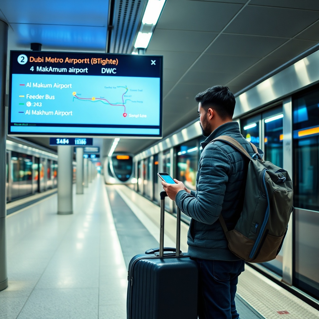 Traveler at a Dubai Metro Red Line station planning the transfer to Al Maktoum Airport via feeder bus, illustrating the integrated DWC airport public transport network.