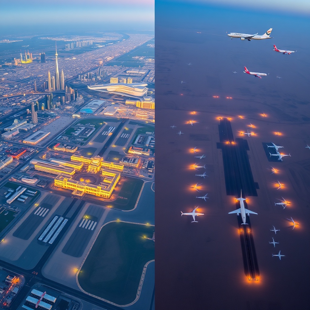 DWC vs DXB aerial comparison showing Dubai International Airport (DXB) in the city center and Al Maktoum International Airport (DWC) in Dubai South, highlighting the distance between the two Dubai airports.