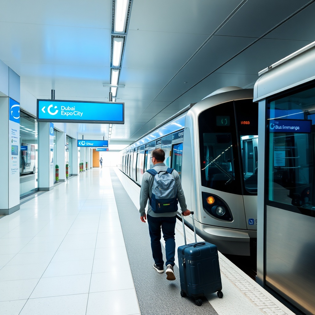 Passenger transferring between bus and Dubai Metro to reach Expo City from DWC, a cost-effective public transport option