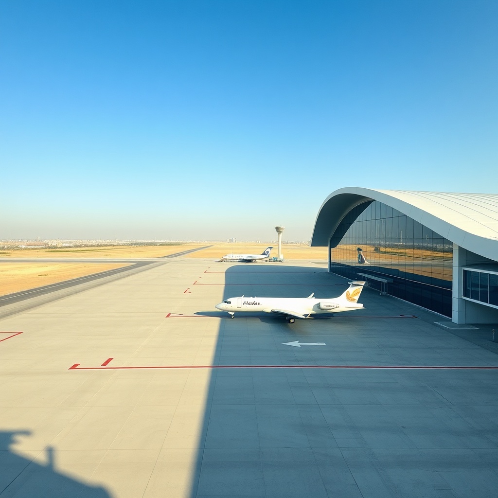 DWC vs DXB guide: Al Maktoum International Airport terminal in Dubai South with an aircraft on the tarmac and desert surroundings