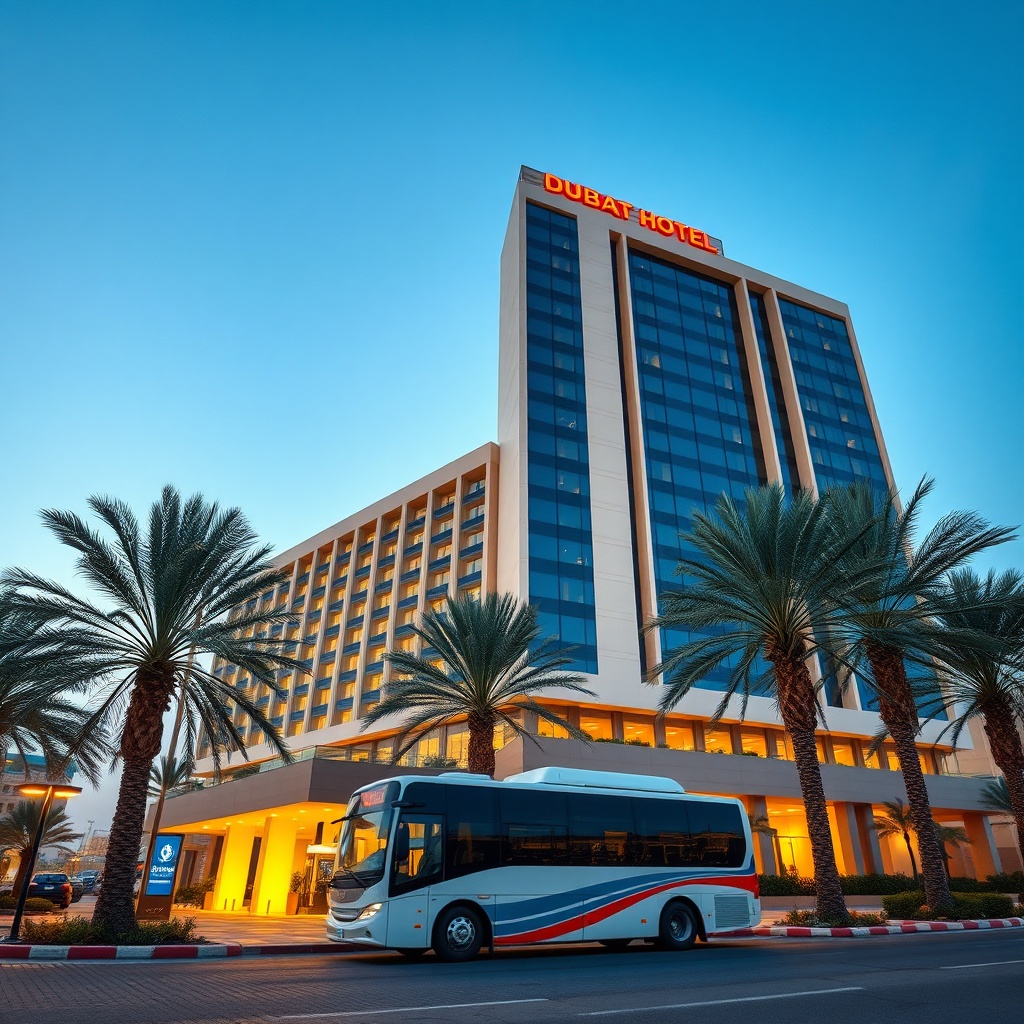 Modern hotel exterior with airport shuttle near Dubai World Central, representing the best airport hotels near DWC for a layover.