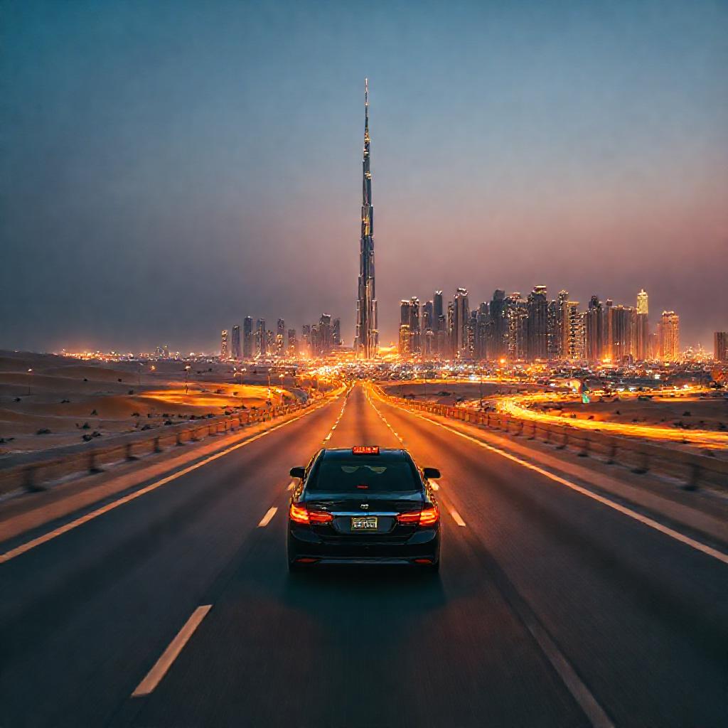 Aerial view of a taxi driving from DWC to Downtown Dubai at dusk, with Burj Khalifa and Dubai Mall skyline in the background, showcasing the cross-city journey from Al Maktoum International Airport to the city center.