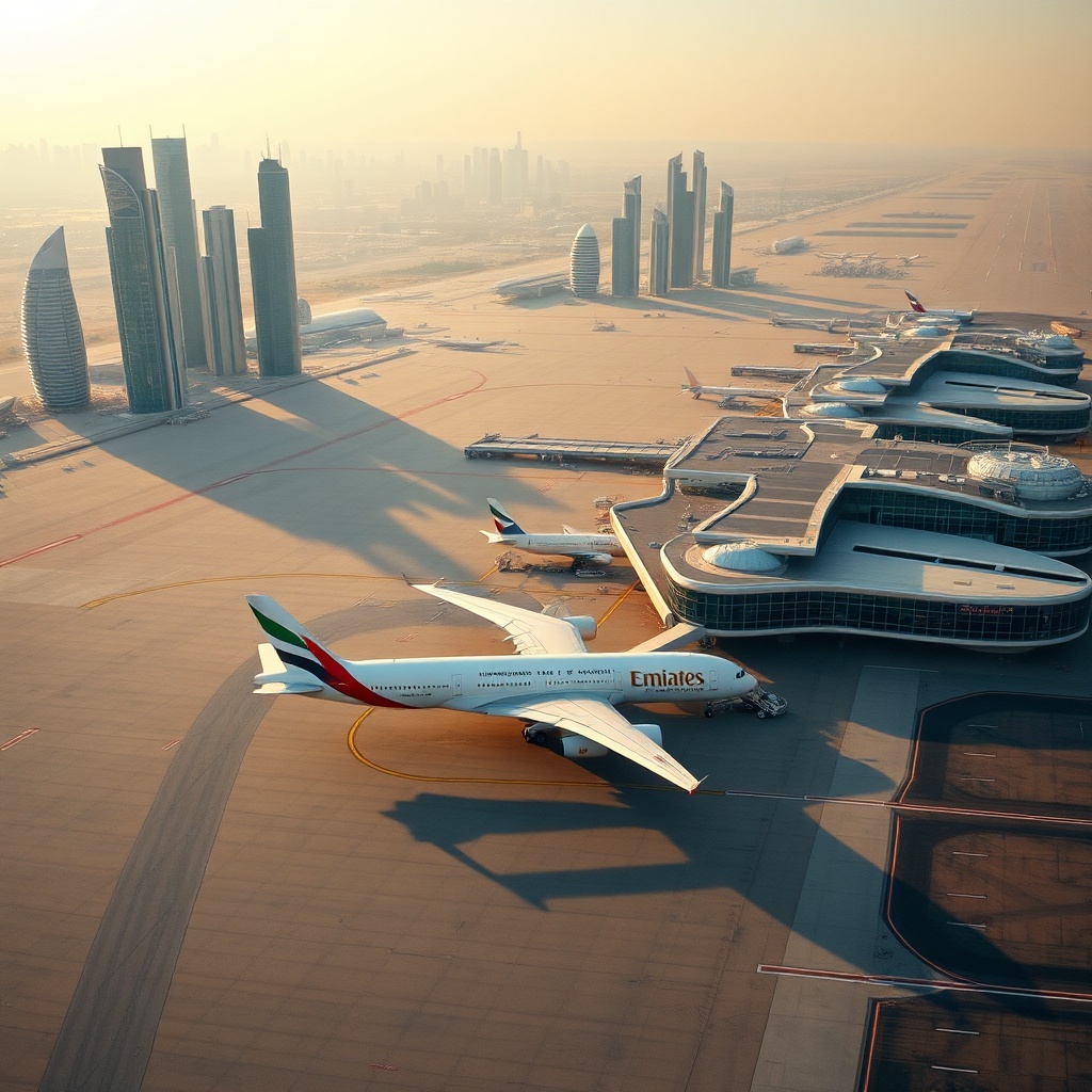 DWC vs DXB comparison: aerial view of Dubai International Airport terminal with a wide-body jet and city skyline at sunset