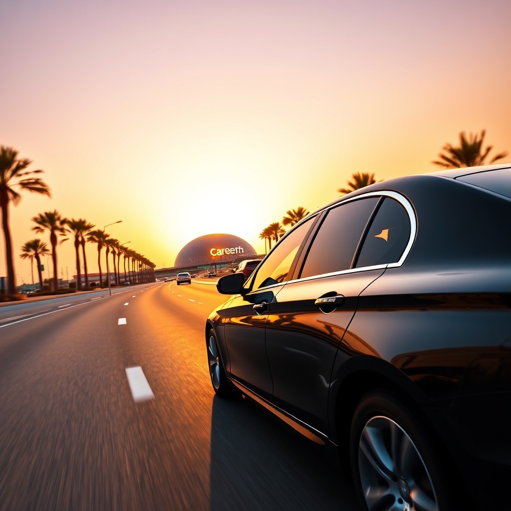 Private taxi or ride-hailing car traveling on a highway from DWC to Expo City, offering a direct and fast travel option for passengers
