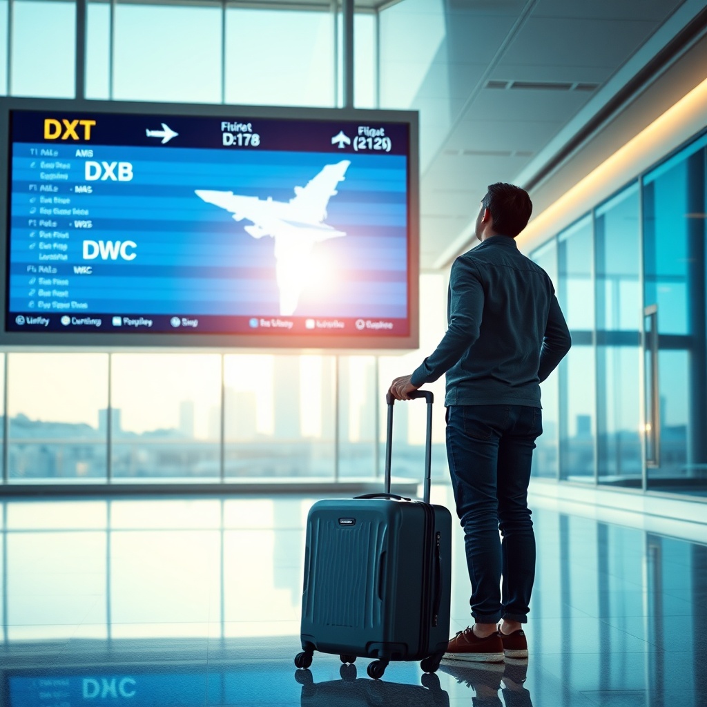 Traveler checking flight information board for DWC vs DXB flights, deciding between Dubai International Airport and Al Maktoum International Airport for their journey.