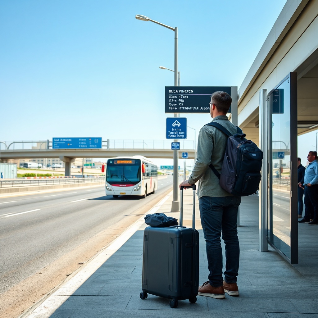 Traveler waiting for a public bus as part of a multi-leg DWC to Abu Dhabi transport journey, showing limited public transport options