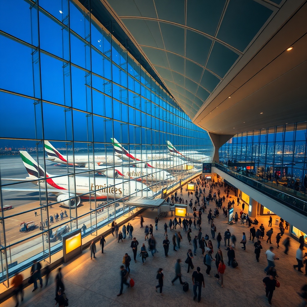 DWC vs DXB comparison: Dubai International Airport terminal with Emirates aircraft, central hub close to city