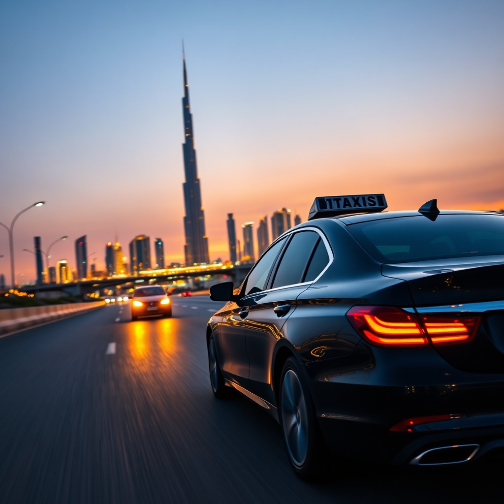 Taxi ride from DWC to Dubai city with the downtown Dubai skyline in the background, showing the fastest transport option from Al Maktoum International Airport to central Dubai.