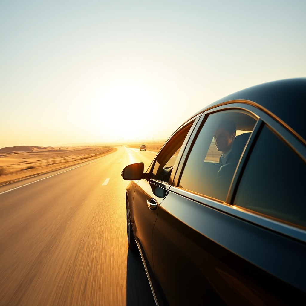 Private transfer car on the highway offering seamless DWC to Abu Dhabi transport with door-to-door service and comfortable travel